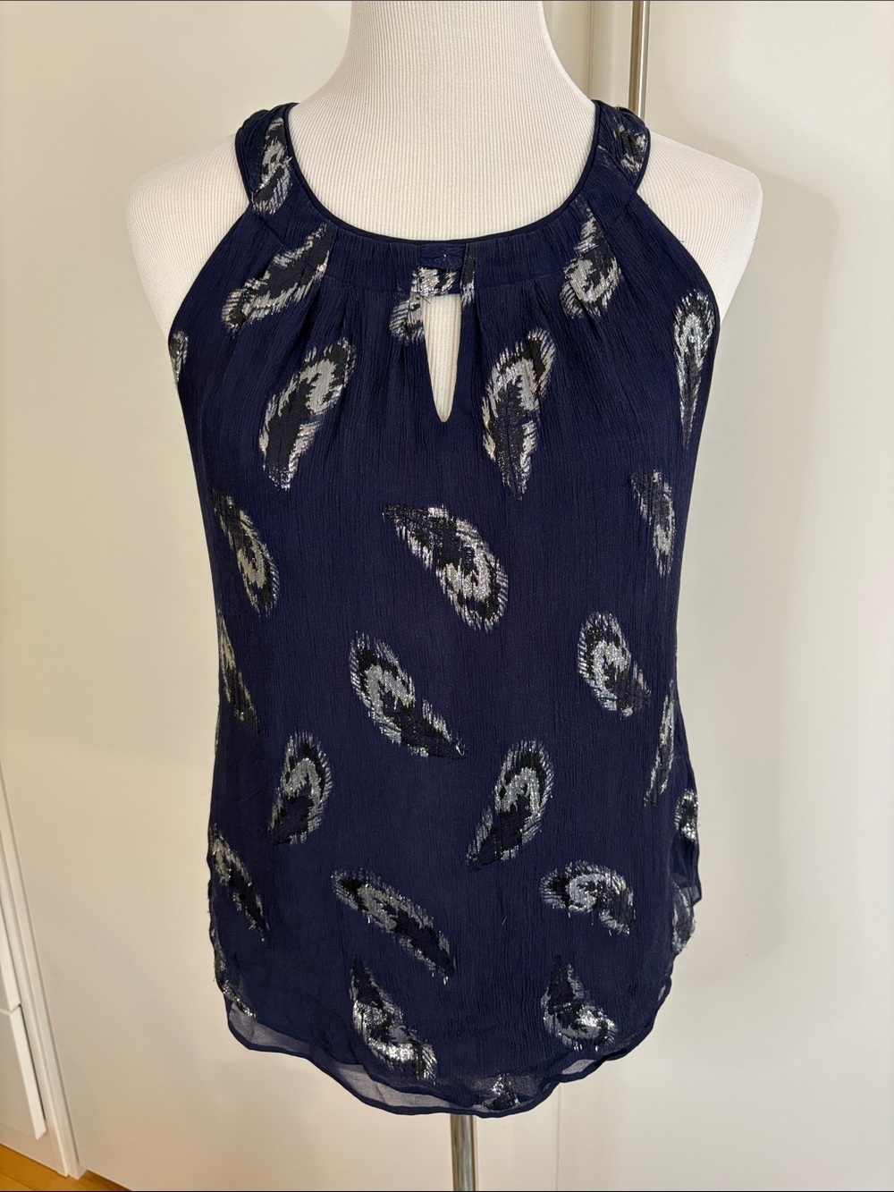 White House Black Market Navy Paisley Keyhole Halter Silk Stretch Top | XS